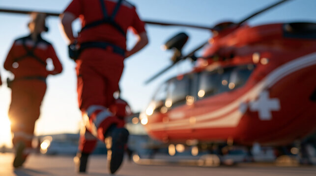 Faceless paramedics running toward a medical helicopter, urgent response, with copy space