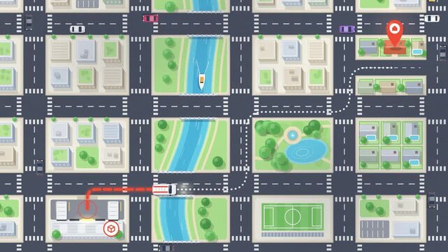 Delivery van driving a route on a flat city map to the destination pin, logistics animation 4K