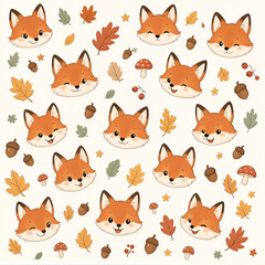 Naklejka premium Cute Kawaii Fox Head Seamless Pattern with Autumn Leaves and Acorns