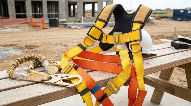 Yellow fall protection harness with safety lanyard and white hard hat