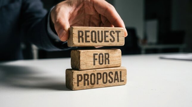 Hand holding wooden blocks spelling request for proposal business concept