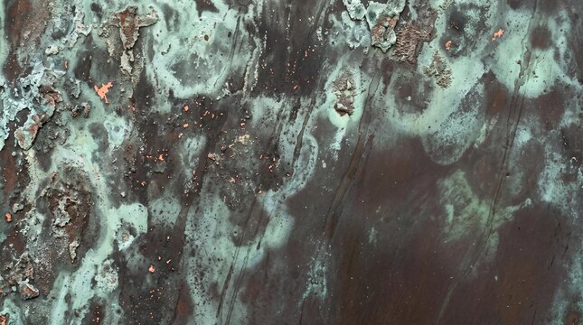 Oxidized copper sheet texture background, green verdigris patina on weathered metal, corroded rusty grunge surface with dark brown tones and peeling flakes