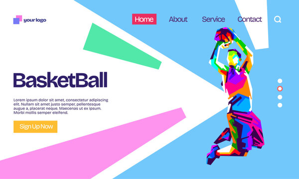 Sports landing page website template in colorful WPAP low poly vector style featuring basketball athlete