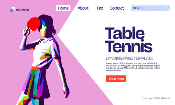 Sports landing page website template in colorful WPAP low poly vector style featuring ping pong table tennis athlete