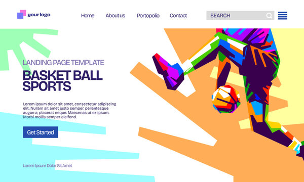 Sports landing page website template in colorful WPAP low poly vector style featuring basketball athlete