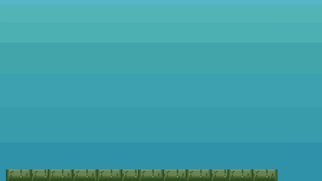 Pixel art retro platformer game background animation with minimalist blue gradient sky and stone brick floor blocks, vintage 2D side-scroller layout, loop.