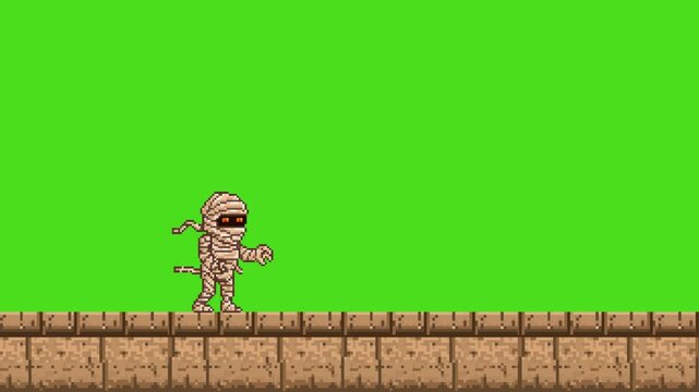 Pixel art retro game animation of a mummy character walking, enemy sprite movement isolated on green screen background, 2D vintage style.