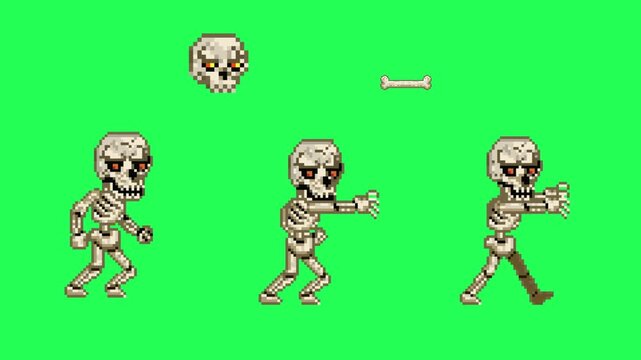 Pixel art retro game sprite sheet animation of a skeleton enemy with skull and bone projectile attacks, monster character movement isolated on green screen background, art.