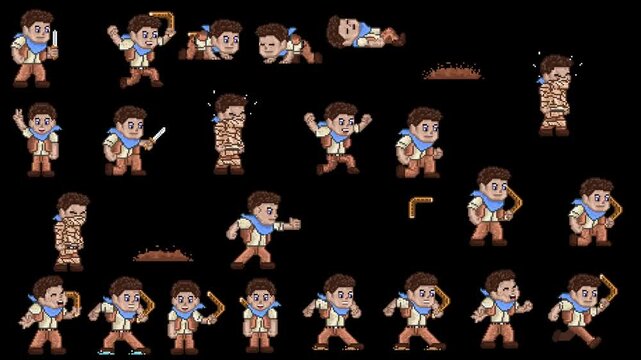 Pixel art retro game sprite sheet animation of adventurer character with multiple actions, walking, jumping, throwing boomerang, isolated on black screen.