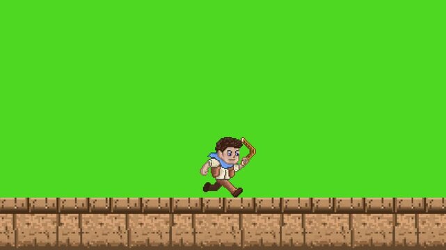 Pixel art retro platformer game animation of an adventurer character running on stone blocks, hero sprite movement isolated on green screen background, loop.