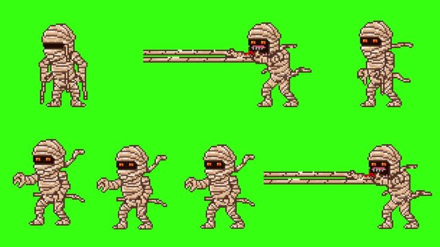 Pixel art retro game sprite sheet animation of mummy character walking and attacking, monster enemy poses isolated on green screen background, art.