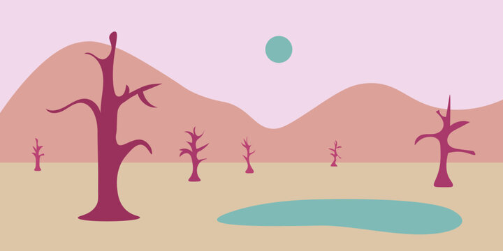 Minimalist desert landscape banner with bare trees hills sun and pond in a pastel color palette