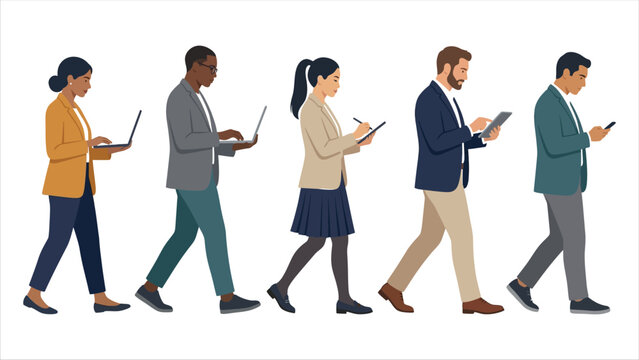 Business People Walking with Smartphones and Digital Devices