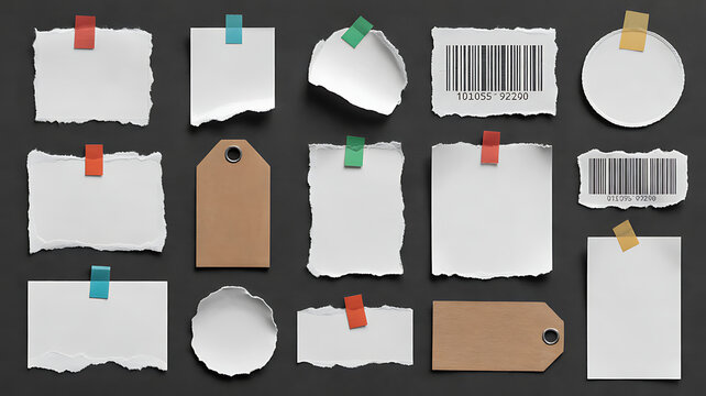 Blank Paper Labels and Torn Stickers Set on Black. Set of blank paper labels, torn barcode stickers, price tags with a crumpled effect, peeled edges, or partially torn. High-quality Photos
