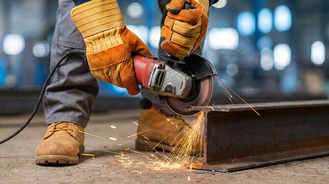 Industrial metalworker using angle grinder on steel beam, professional worker cutting iron with power tool, sparks flying in factory workshop