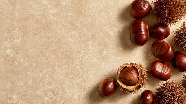 A clean modern composition places several polished chestnuts and one opened burr along the lower edge of warm beige stone, leaving most of the surface completely uncluttered for commercial copy