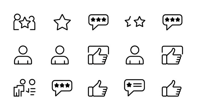 Feedback and review icon set, thin line style, customer satisfaction, rating, survey, comment, and evaluation symbols for business and digital interface design