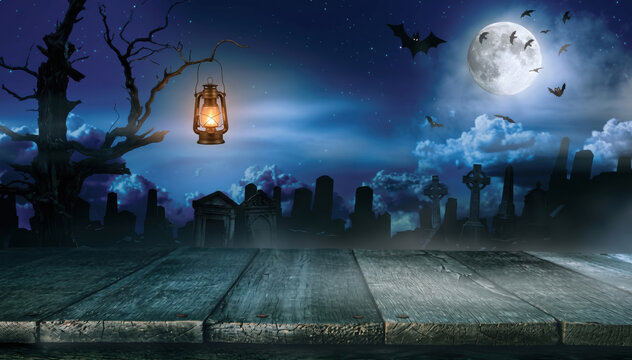 Spooky halloween background with empty wooden planks