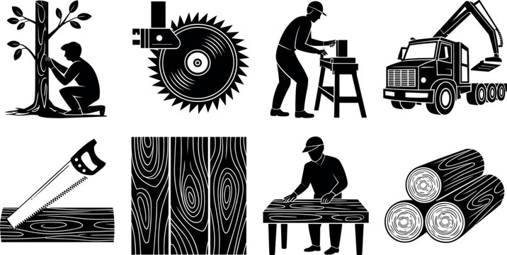 Lumberjack and woodworking vector icons set featuring saw blade, carpenter, logging truck, wood planks, and timber logs.