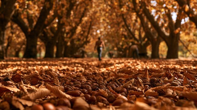 A low ground-level perspective follows a trail of chestnuts scattered beneath towering orchard trees, with copper leaves forming a textured carpet and distant workers appearing softly out of focus