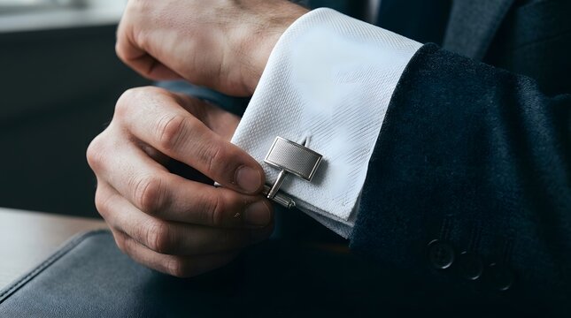 Businessman adjusting metal cufflink on white French cuff shirt sleeve closeup