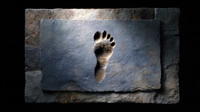 A rectangular dark-grey slate slab, framed by a rough stone border in varying shades, featuring an impressed, realistic imprint of a human foot with all five toes clearly visible.