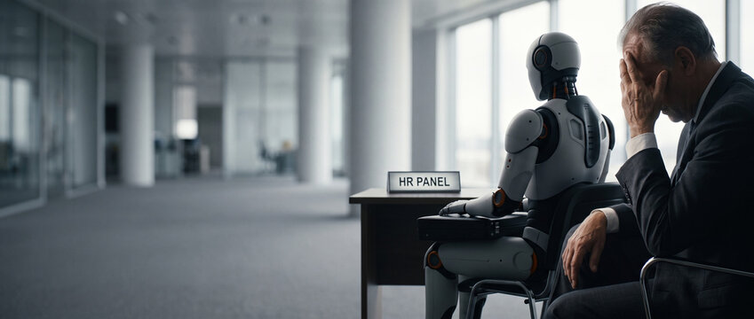 Depressed faceless senior job applicant covering face in despair while waiting next to humanoid robot candidate