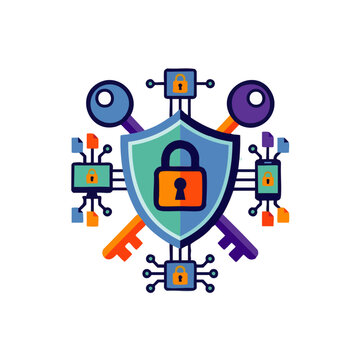 Vibrant digital shield with interconnected keys and encrypted icons, concept for cybersecurity solutions, data protection strategies, and secure IT infrastructure implementation