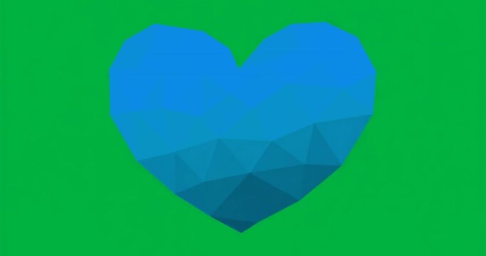 On start 3D blue heart spinning revealing poly facets showing geometry with transparent background