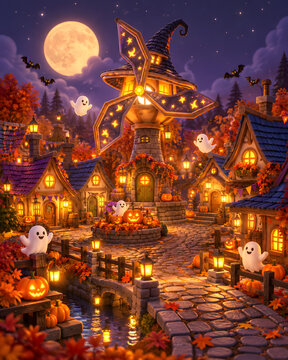Magical Halloween village featuring illuminated pumpkins cute friendly ghosts spooky witch windmill and full moon shining brightly