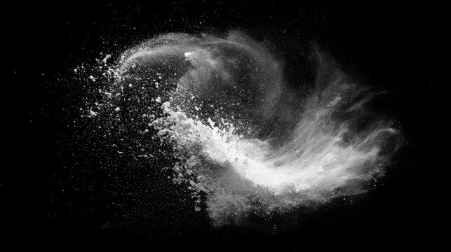 Macro chalk explosion with flying dust on black background