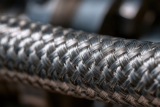 Macro close-up of a metal braided reinforced hose texture