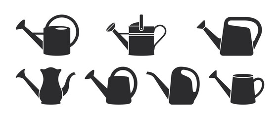 Watering cans garden tools set. Classic garden watering containers isolated on white background. Watering can, watering pot, garden can, watering jug. Minimalist design for labels, packaging,. © peihijawilw