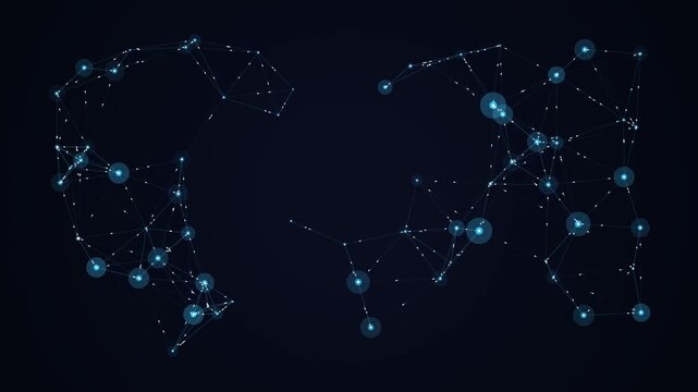 Abstract network map with glowing blue nodes and digital connection lines moving in video footage