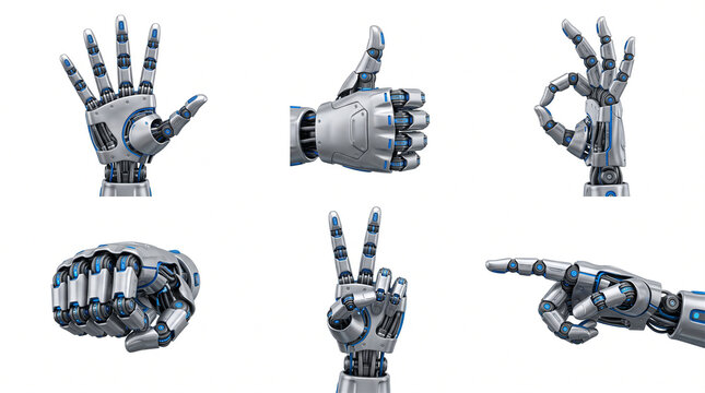 Set of robotic hands showing various gestures isolated on transparent background for technology design