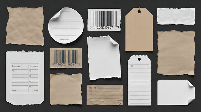 Set of blank paper labels, torn barcode stickers, and price tags with a crumpled effect and peeled edges isolated on black background. High-quality realistic paper mockup textures. Photo scan
