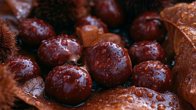 Recently fallen chestnuts lie among rain-covered leaves beneath a tree, with water droplets reflecting cool daylight across their dark reddish-brown shells