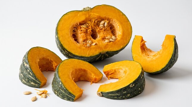 kabocha squash japanese pumpkin sliced squash fresh produce orange flesh green skin squash seeds cut squash raw vegetable healthy food autumn harvest on transparent background