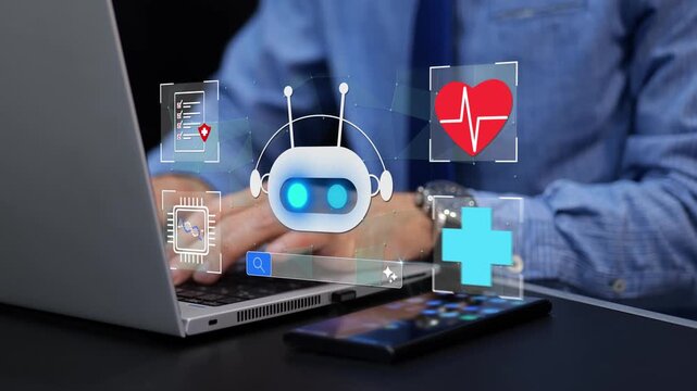 Hands Typing on Laptop with Digital Health Icons and AI Robot Interface Overlay. Healthcare technology and data concept