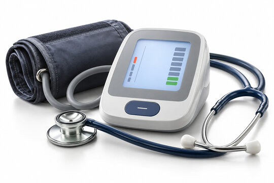 AI-generated photorealistic 3D medical illustration of blood pressure monitor isolated white, created for healthcare education and commercial design.