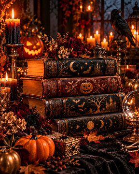 Stack of old vintage magic books decorated with glowing candles pumpkins and eerie autumn decor elements