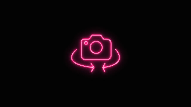 Glowing Pink Neon Camera Icon with Circular Rotation Arrows on Black Background