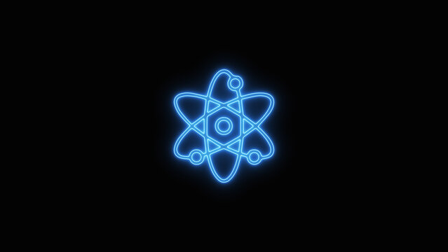 Blue Neon Atom Molecule Symbol Glowing on Black Background - Science and Quantum Physics Concept