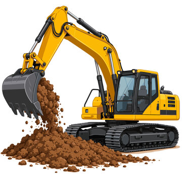 Yellow hydraulic excavator digging soil ground construction site vector illustration