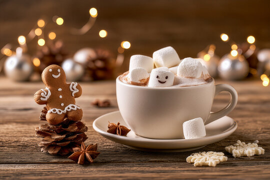 Happy marmallows characters in a cup of hot cocoa with a gingerman cookie friend on a rustic wooden table , Christmas  lights background, comforting warm chocolate sweet drink and food in winter