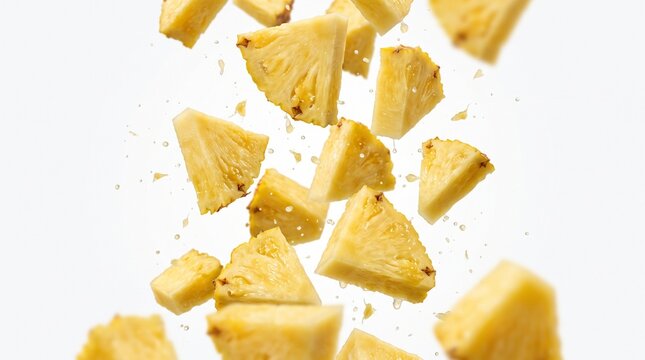 pineapple pineapples fruit fruits slice slices chopped fresh juicy yellow tropical sweet chunks piece pieces cubes falling floating flying levitating air on transparent background