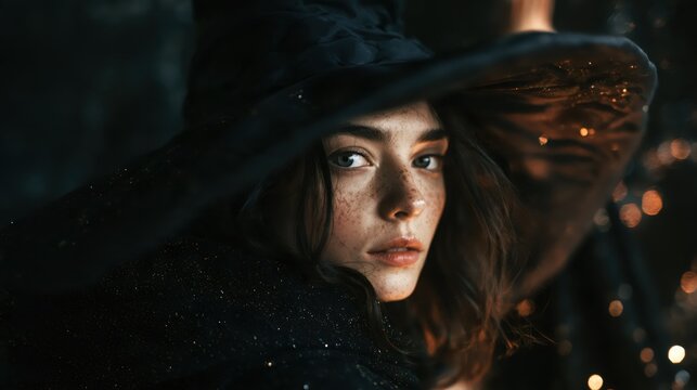 Close-up portrait of a young woman wearing a dark hood with city lights behind her. Atmospheric urban portrait. Identity, anonymity and personal privacy concept.