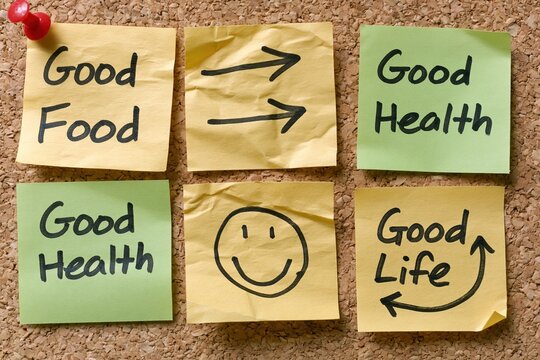 The Sticky Notes Display Promoting Good Food Good Health and Good Life on Corkboard