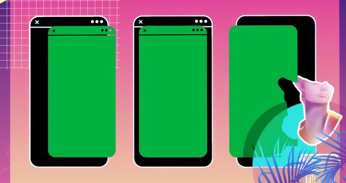 Gradient shifting triggers grid solidifying and smartphone panels sliding, shape framing collage