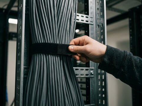 Hand securing bundle of grey network cables with black strap in server rack